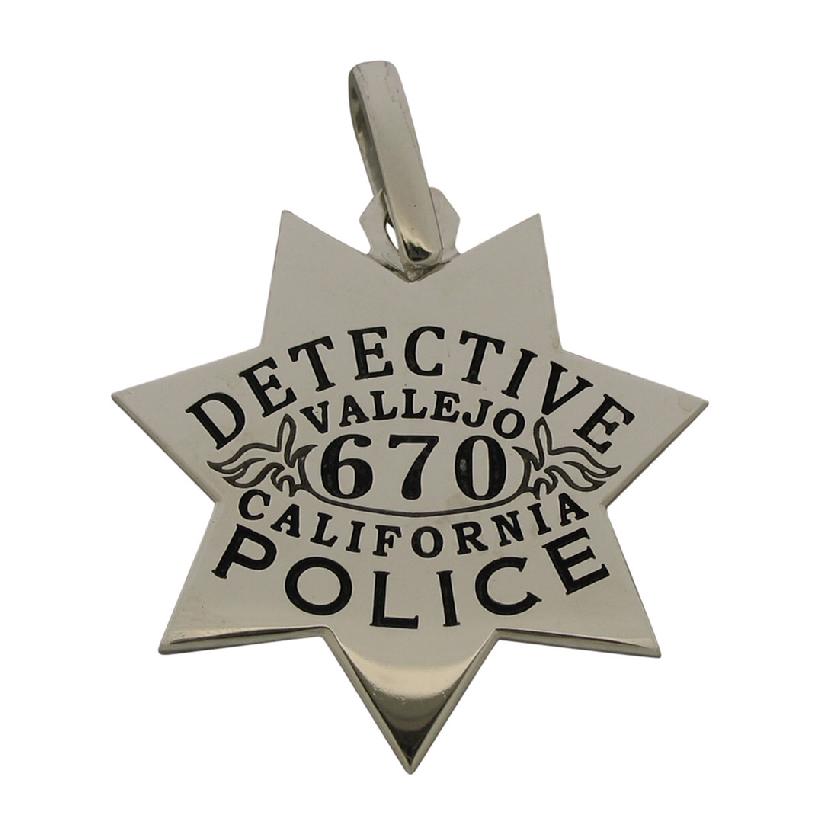Custom Vallejo (CA) Police Detective badge pendant in 10k white gold with black enamel and optional heavy pendant loop.