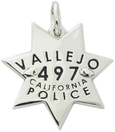 Custom Vellejo, California Police Officer badge charm in sterling silver.