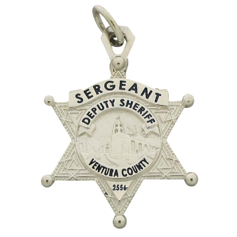 Custom Ventura CA Sheriff's Sergeant badge pendant in sterling silver with black enamel.