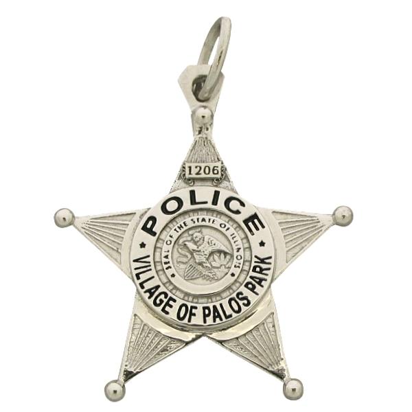 Custom Village of Palos Park IL Police Officer badge pendant in 10k white gold with enamel highlights.