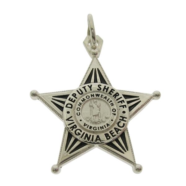 Custom Virginia Beach VA Sheriff's Deputy memorial badge pendant in sterling silver with black enamel.