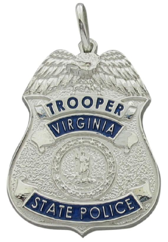 Custom Virginia State Police Trooper memorial badge pendant in sterling silver with standing letters, blue text and background.