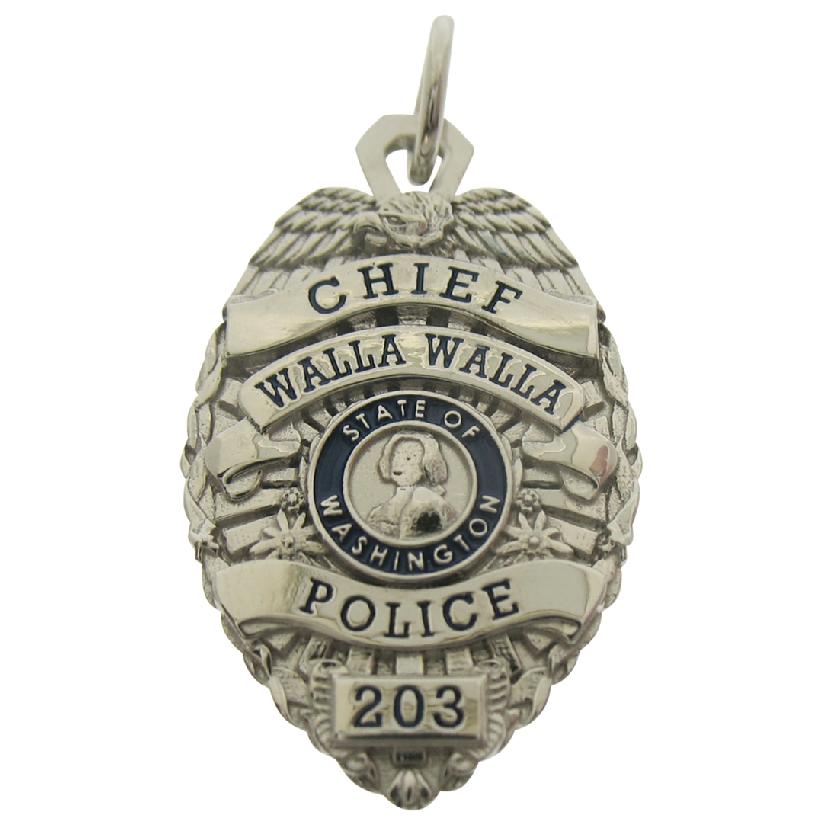 Custom Walla Walla WA Police Chief badge pendant in 14k white gold with blue enamel.