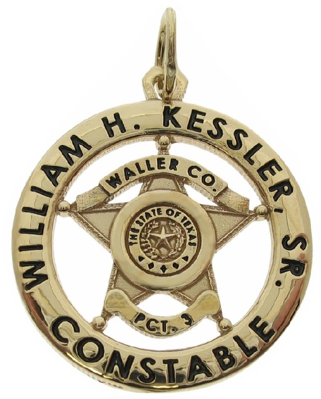 Custom Waller County (TX) Precinct 3 Constable badge pendant in 14k yellow gold with black enamel.