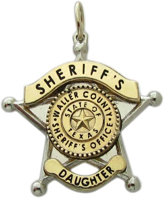 Waller County, Texas TX Sheriff's Deputy custom badge pendant in 10k white gold with 10k yellow gold ribbons and center