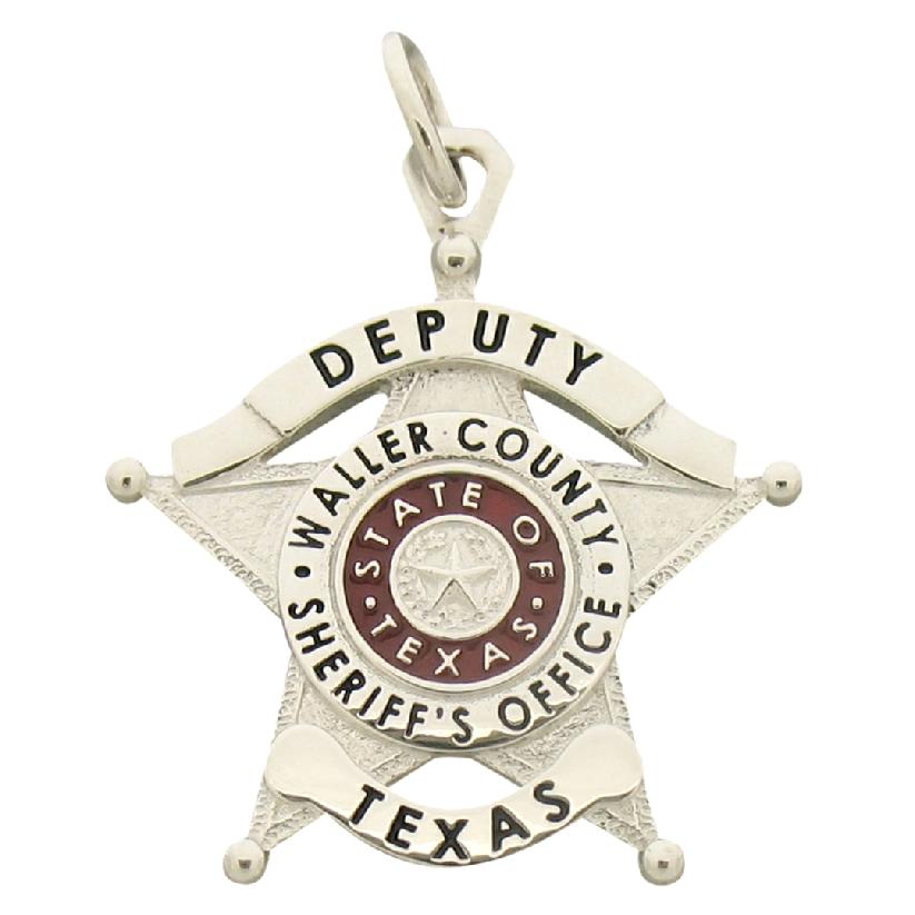 Custom Waller County TX Sheriff's Deputy memorial badge pendant in sterling silver with red and black enamel.