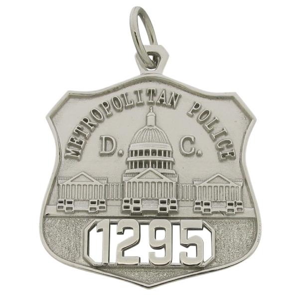 Custom Washington DC Metropolitan Police Officer badge pendant in 10k white gold with cutout numbers.