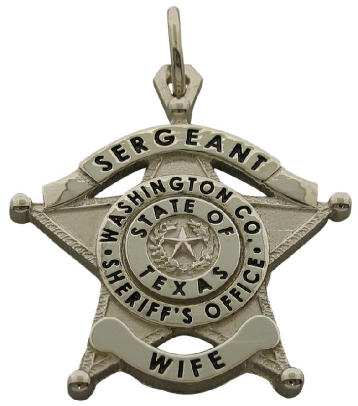 Custom Washington County TX Sheriff Sergeant badge pendant in 10k white gold with black enamel text.