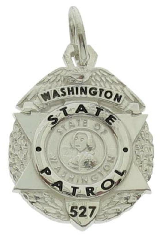 Custom Washington State Police Trooper badge pendant in sterling silver with black enamel text.