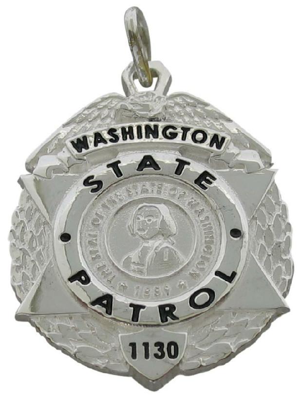 Custom Washington State Police Trooper badge pendant in sterling silver with black enamel text.