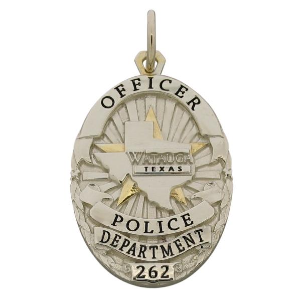 Custom Watauga TX Police Officer badge pendant in 10k white gold with yellow gold plate two tone finish and black enamel.