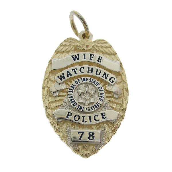 Custom Watchung NJ Police Officer badge pendant in two tone 10k gold with black enamel.
