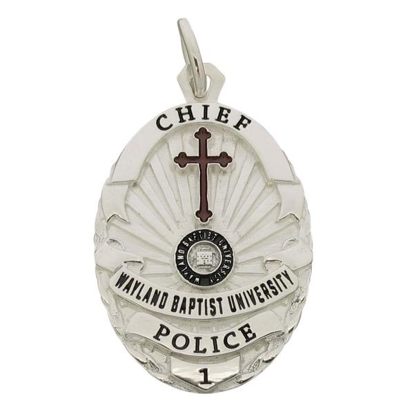 Custom Wayland Baptist University Police Chief memorial badge pendant in sterling silver with black and red enamel.