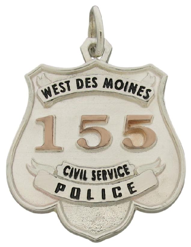 Custom West Des Moines IA Police Officer memorial badge pendant with rose gold plated raised numbers and black enamel text.