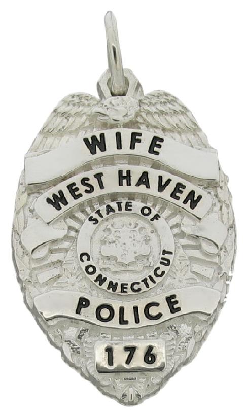 Custom West Haven (CT) Police Officer badge pendant in sterling silver with black enamel text.