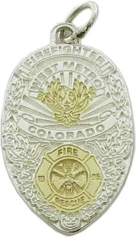 West Metro, Colorado CO Fire Rescue Firefighter custom badge charm pendant in sterling silver two tone (original 2D design)