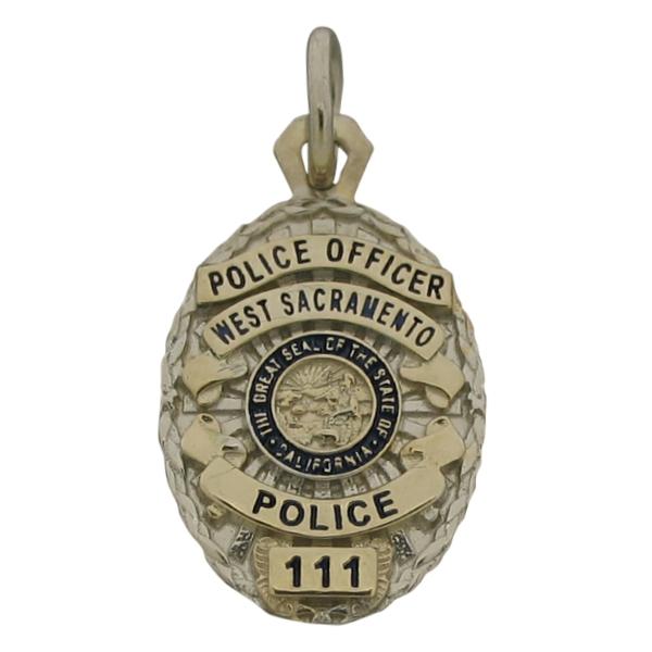 Custom West Sacramento CA Police Officer badge pendant in sterling silver with gold plated two tone finish and black enamel.