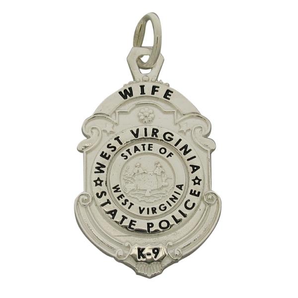 Custom West Virginia State Police K9 Trooper's Wife pendant in sterling silver with black enamel.