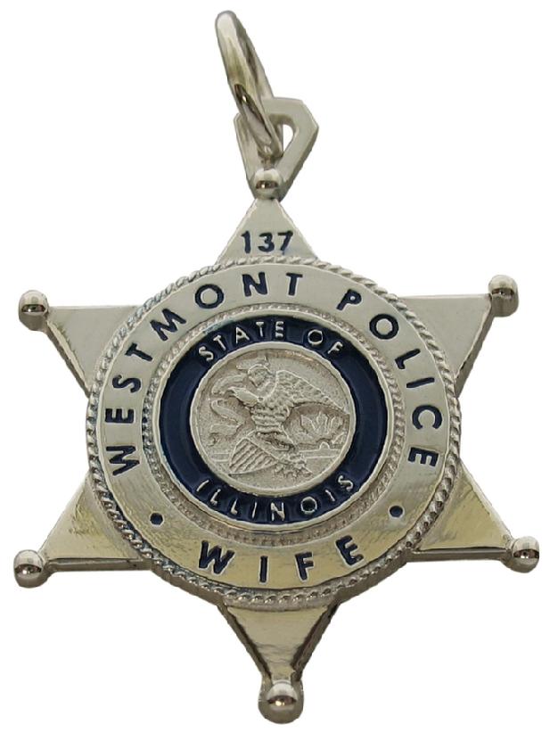 Custom Westmont IL Police Officer badge pendant in sterling silver with raised letter detail and blue enamel background, enamel text.