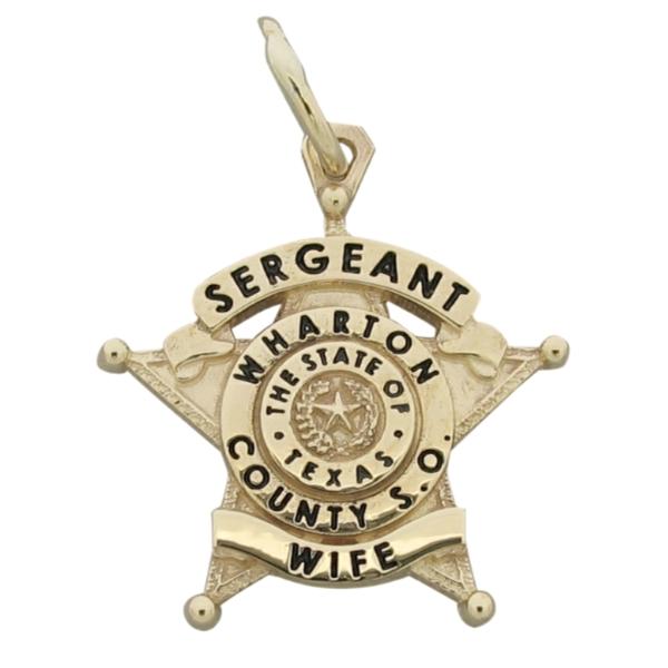 Custom Wharton TX Sheriff's Sergeant's Wife pendant in 14k yellow gold with black enamel.