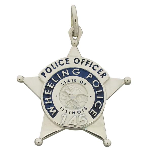 Custom Wheeling IL Police Officer badge pendant in sterling silver with standing letter and number detail and black and blue enamel.