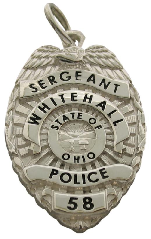 Custom Whitehall OH Police Sergeant badge pendant in sterling silver with black enamel text.