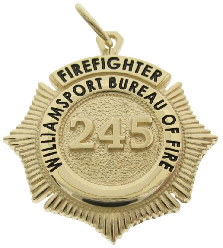 Custom Williamsport PA Bureau of Fire badge pendant in 14k yellow gold with raised badge number and black enamel.
