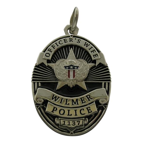 Custom Wilmer TX Police Officer badge pendant with red, white, blue, and black enamel.