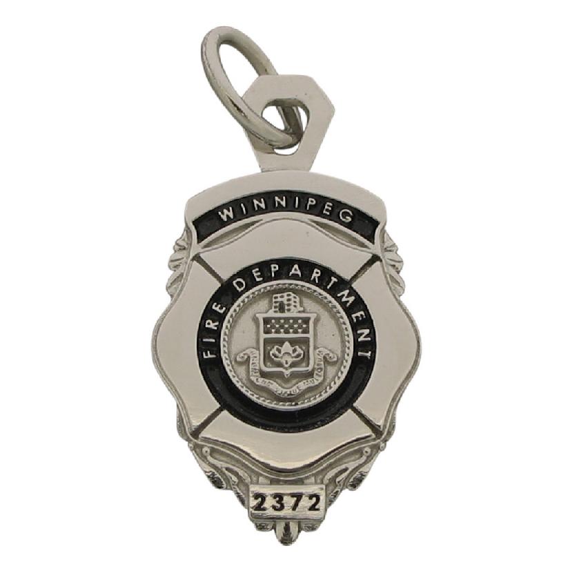 Custom Winnipeg (Canada) Firefighter badge pendant in 10k white gold with black enamel.