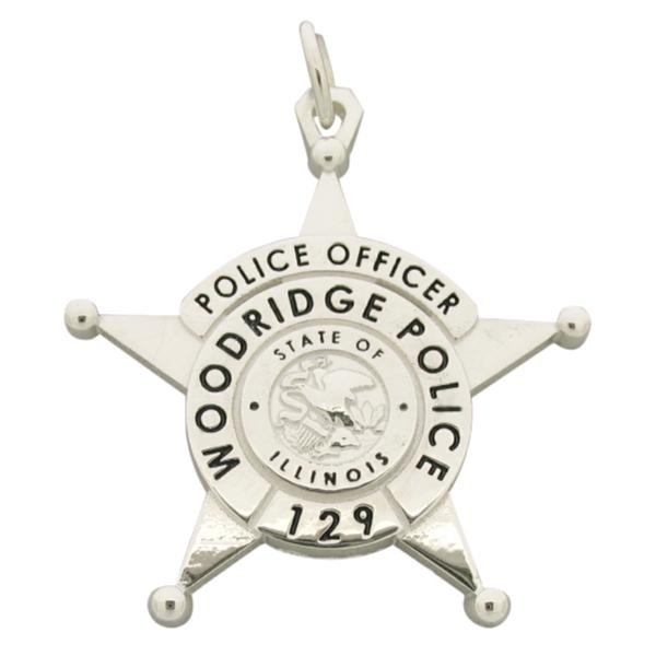 Custom Woodridge IL Police Officer badge pendant in sterling silver with black enamel.