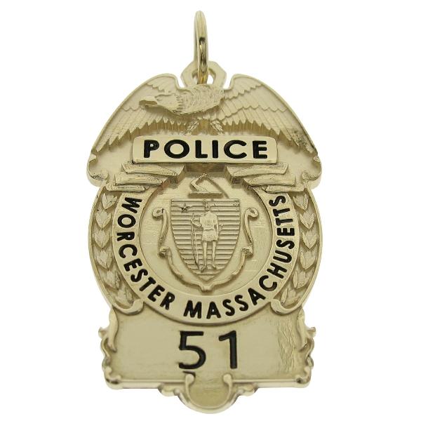 Custom Worcester MA Police Officer badge pendant in 10k yellow gold with black enamel.