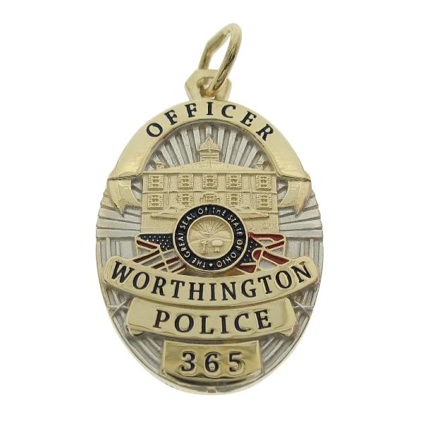 Custom Worthington OH Police Officer badge pendant in two tone 10k gold with standing letter seal bezel and red, white, and blue enamel.