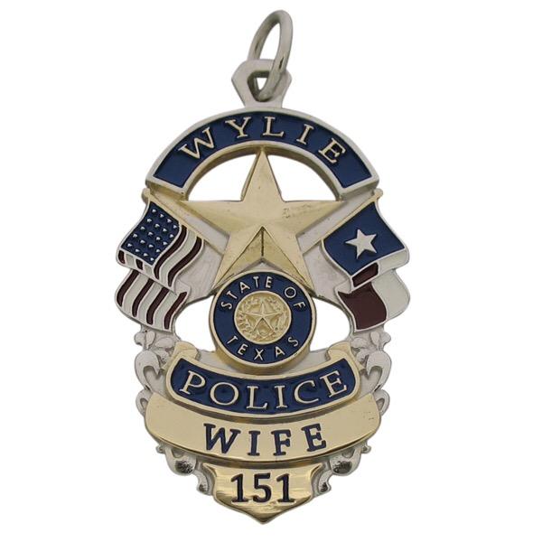 Custom Wylie TX Police Officer badge pendant in 14k yellow gold with rhodium plate two-tone finish; red, white, and blue flags and text.