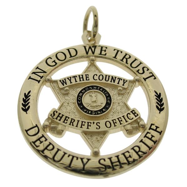Custom Wythe County VA Sheriff's Deputy badge pendant in 10k yellow gold.